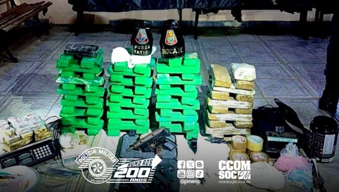 PM apreende cerca de 77 kg de drogas e uma submetralhadora em Rio Claro