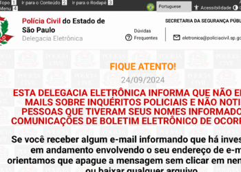 Aviso da Polícia Civil de São Paulo sobre segurança digital e orientações para fazer boletim de ocorrência online com segurança pela Delegacia Eletrônica.