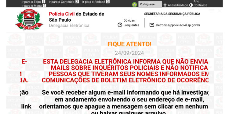Aviso da Polícia Civil de São Paulo sobre segurança digital e orientações para fazer boletim de ocorrência online com segurança pela Delegacia Eletrônica.