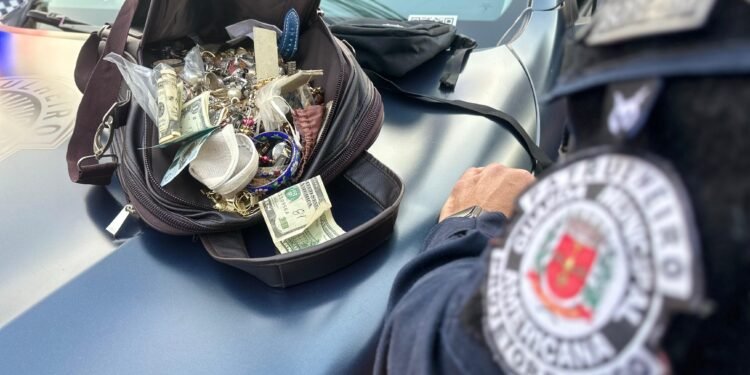 Itens furtados recuperados pela Guarda Municipal em Americana, incluindo joias, relógios e cédulas estrangeiras.