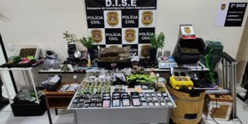 Laboratório de maconha gourmet desmontado pela DISE com drogas, estufas e materiais apreendidos expostos sobre mesas. #PraCegoVer: A imagem mostra uma sala com diversas drogas organizadas sobre mesas, incluindo porções embaladas, tabletes e plantas semelhantes à maconha. Ao fundo há um painel da Polícia Civil com identificação da DISE. Também aparecem balanças, celulares, embalagens e equipamentos utilizados no preparo e armazenamento das drogas.