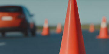 Emissão de CNHs irregulares no DETRAN representada por cone de sinalização em pista asfaltada com veículo desfocado ao fundo. #PraCegoVer: A imagem mostra um cone de trânsito laranja em primeiro plano sobre uma via asfaltada. Ao fundo aparecem outros cones alinhados e um carro desfocado, em ambiente externo durante o dia.