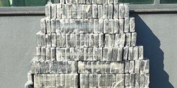 300 quilos de cocaína apreendidos pelo TOR organizados em tabletes empilhados. #PraCegoVer: A imagem mostra diversos tabletes retangulares de droga embalados em plástico transparente, empilhados em formato de pirâmide em frente a uma parede com janela de vidro. No topo da pilha há um brasão policial.