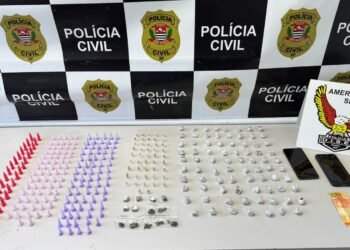DISE prende dois traficantes e apreende 318 porções de drogas durante operação policial #PraCegoVer imagem mostra porções de cocaína, crack e maconha apreendidas sobre mesa