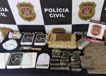dise prende traficante com grande quantidade de drogas em votuporanga #PraCegoVer policiais exibem grande quantidade de drogas apreendidas sobre mesa durante operação policial