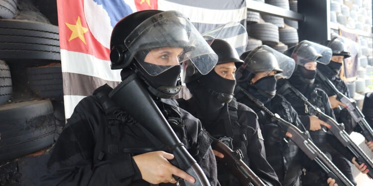 mulheres no GIR da Polícia Penal de São Paulo #PraCegoVer policiais penais do grupo de intervenção rápida em formação operacional dentro de unidade prisional