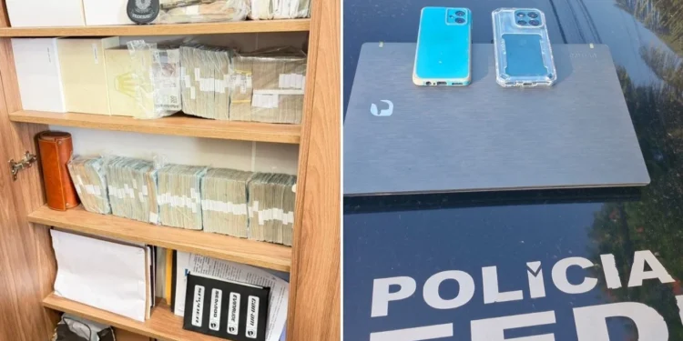 operação contra gatonet apreende R$ 1,7 milhão e carros de luxo #PraCegoVer grande quantidade de dinheiro em espécie apreendida pela Polícia Federal ao lado de celulares e notebook usados na investigação