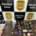 polícia civil prende traficante com drogas apreendidas durante operação policial #PraCegoVer imagem mostra porções de crack, dinheiro trocado e balanças de precisão apreendidas pela polícia