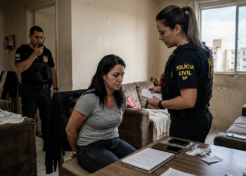 polícia civil prende disciplina de facção criminosa #PraCegoVer: policial civil aborda mulher sentada em residência durante cumprimento de mandado, enquanto outro agente acompanha a ação ao fundo