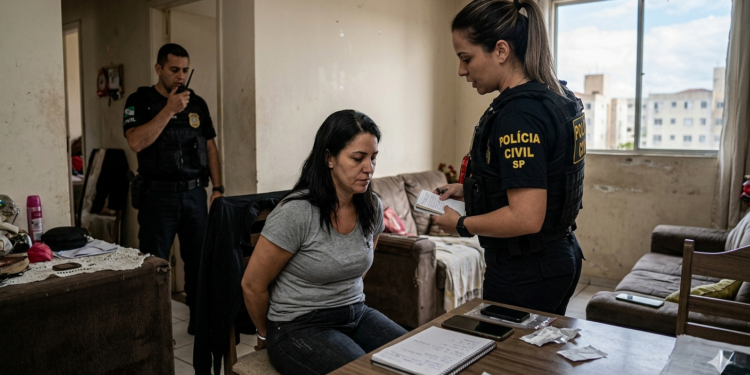 polícia civil prende disciplina de facção criminosa #PraCegoVer: policial civil aborda mulher sentada em residência durante cumprimento de mandado, enquanto outro agente acompanha a ação ao fundo