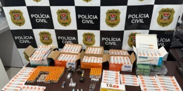 DIG prende criminosos por venda ilegal de produtos para emagrecimento #PraCegoVer agentes apreendendo produtos armazenados em geladeira em estabelecimento comercial, sendo os produtos aprensentados em uma mesa na delegacia especializada com banner da instituição de fundo.