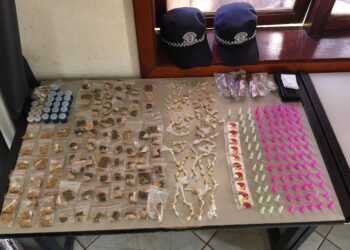 guarda municipal apreende drogas em condomínio bom sucesso 02 #PraCegoVer mesa com grande quantidade de porções de drogas embaladas, pinos coloridos, celulares e bonés da guarda municipal ao fundo