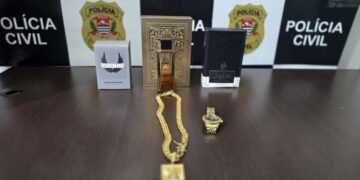 DIG prende criminoso por furto em residência após escalada de telhado #PraCegoVer: imagem mostra perfumes e jóias recuperadas em posse do criminosos preso