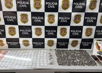 DISE apreende drogas na operação Gueleri em Sumaré #PraCegoVer mesa com porções de drogas, dinheiro, celulares e balanças apreendidas em frente a painel da Polícia Civil e placa da DISE de Americana