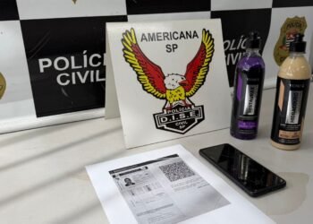 operação Espanha em Santa Bárbara d’Oeste #PraCegoVer: mesa da DISE de Americana com produtos automotivos recuperados, celular apreendido e documento policial durante ação de furto qualificado