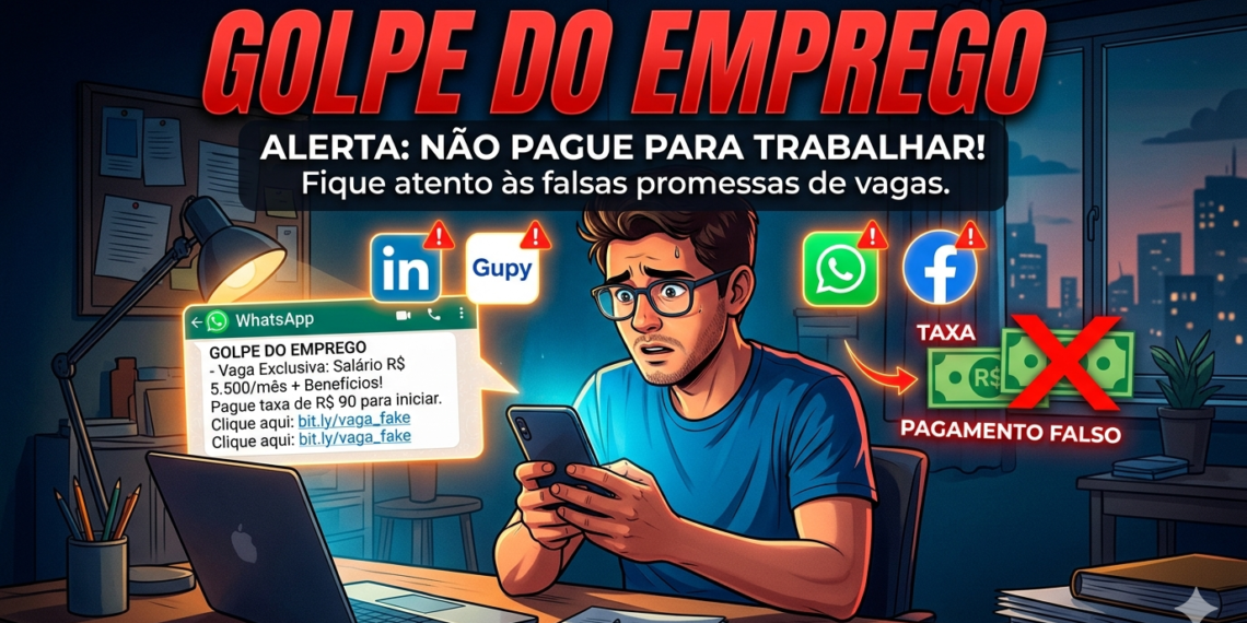 golpe do falso emprego #PraCegoVer: arte digital mostra um homem assustado olhando para o celular enquanto recebe mensagem com falsa proposta de emprego. A imagem destaca aplicativos como WhatsApp, LinkedIn e Facebook, além de aviso contra pagamento de taxas para contratação.