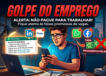 golpe do falso emprego #PraCegoVer: arte digital mostra um homem assustado olhando para o celular enquanto recebe mensagem com falsa proposta de emprego. A imagem destaca aplicativos como WhatsApp, LinkedIn e Facebook, além de aviso contra pagamento de taxas para contratação.