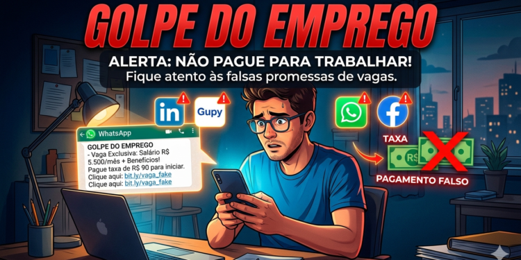 golpe do falso emprego #PraCegoVer: arte digital mostra um homem assustado olhando para o celular enquanto recebe mensagem com falsa proposta de emprego. A imagem destaca aplicativos como WhatsApp, LinkedIn e Facebook, além de aviso contra pagamento de taxas para contratação.