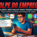 golpe do falso emprego #PraCegoVer: arte digital mostra um homem assustado olhando para o celular enquanto recebe mensagem com falsa proposta de emprego. A imagem destaca aplicativos como WhatsApp, LinkedIn e Facebook, além de aviso contra pagamento de taxas para contratação.
