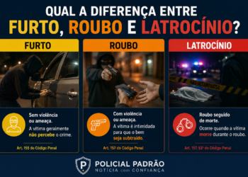 Diferença entre furto roubo e latrocínio: infográfico do Policial Padrão explica os crimes previstos no Código Penal Brasileiro, destacando furto sem violência, roubo com ameaça e latrocínio como roubo seguido de morte. #PraCegoVer: A imagem mostra um infográfico dividido em três partes com exemplos visuais dos crimes de furto, roubo e latrocínio. No furto, um homem encapuzado tenta abrir um veículo sem uso de violência. No roubo, um criminoso armado ameaça uma vítima para subtrair um celular. No latrocínio, aparece uma cena de crime isolada por fita policial com um corpo coberto ao chão, representando roubo seguido de morte. A arte possui fundo escuro e identidade visual do portal Policial Padrão.