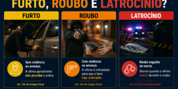 Diferença entre furto roubo e latrocínio: infográfico do Policial Padrão explica os crimes previstos no Código Penal Brasileiro, destacando furto sem violência, roubo com ameaça e latrocínio como roubo seguido de morte. #PraCegoVer: A imagem mostra um infográfico dividido em três partes com exemplos visuais dos crimes de furto, roubo e latrocínio. No furto, um homem encapuzado tenta abrir um veículo sem uso de violência. No roubo, um criminoso armado ameaça uma vítima para subtrair um celular. No latrocínio, aparece uma cena de crime isolada por fita policial com um corpo coberto ao chão, representando roubo seguido de morte. A arte possui fundo escuro e identidade visual do portal Policial Padrão.