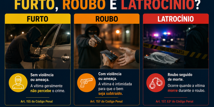 Diferença entre furto roubo e latrocínio: infográfico do Policial Padrão explica os crimes previstos no Código Penal Brasileiro, destacando furto sem violência, roubo com ameaça e latrocínio como roubo seguido de morte. #PraCegoVer: A imagem mostra um infográfico dividido em três partes com exemplos visuais dos crimes de furto, roubo e latrocínio. No furto, um homem encapuzado tenta abrir um veículo sem uso de violência. No roubo, um criminoso armado ameaça uma vítima para subtrair um celular. No latrocínio, aparece uma cena de crime isolada por fita policial com um corpo coberto ao chão, representando roubo seguido de morte. A arte possui fundo escuro e identidade visual do portal Policial Padrão.