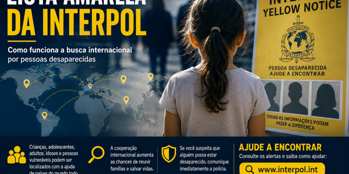 Lista Amarela da Interpol #PraCegoVer ilustração mostra um alerta internacional de desaparecimento, com um cartão de identificação, uma lupa, mapa-múndi ao fundo e pontos conectados simbolizando a busca por pessoas desaparecidas em diferentes países.