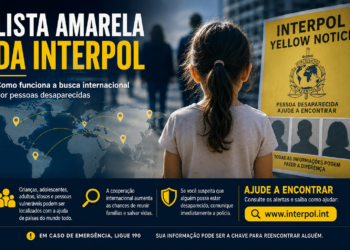 Lista Amarela da Interpol #PraCegoVer ilustração mostra um alerta internacional de desaparecimento, com um cartão de identificação, uma lupa, mapa-múndi ao fundo e pontos conectados simbolizando a busca por pessoas desaparecidas em diferentes países.
