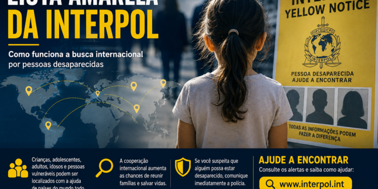 Lista Amarela da Interpol #PraCegoVer ilustração mostra um alerta internacional de desaparecimento, com um cartão de identificação, uma lupa, mapa-múndi ao fundo e pontos conectados simbolizando a busca por pessoas desaparecidas em diferentes países.