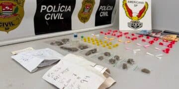 DISE fecha banca de drogas em Sumaré — #PraCegoVer: porções de cocaína, crack e maconha, celulares, dinheiro e folhas com anotações apreendidos durante operação policial.