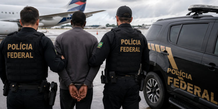 PF prende nigeriano procurado pela Interpol #PraCegoVer: imagem da Polícia Federal relacionada à prisão do estrangeiro extraditado da Costa Rica para o Brasil.