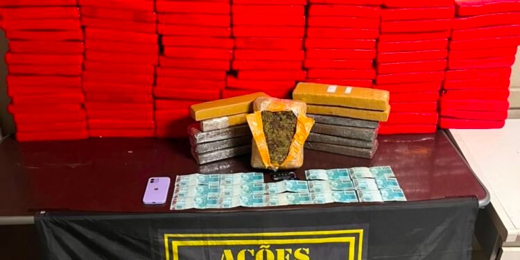 BAEP apreende 100 kg de maconha - #PraCegoVer: imagem relacionada à ocorrência do BAEP que resultou na apreensão de mais de 100 quilos de maconha, além de dinheiro, celular e veículo.