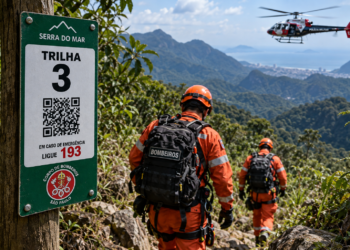 trilhas mapeadas agilizam resgates na Serra do Mar — #PraCegoVer: placa de identificação instalada em uma trilha apresenta código de referência e QR Code utilizados para auxiliar a localização e o resgate de pessoas em áreas de mata.