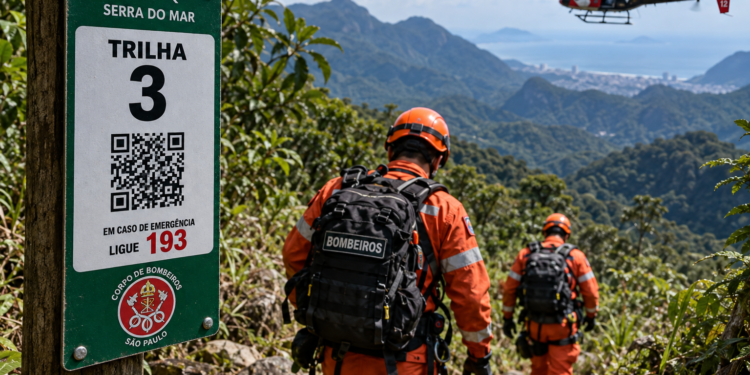 trilhas mapeadas agilizam resgates na Serra do Mar — #PraCegoVer: placa de identificação instalada em uma trilha apresenta código de referência e QR Code utilizados para auxiliar a localização e o resgate de pessoas em áreas de mata.