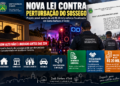 nova lei contra perturbação do sossego — #PraCegoVer: imagem ilustrativa mostra fiscalização de som alto em área urbana de Santa Bárbara d’Oeste, com residência, festa, veículo com equipamento de som e atuação integrada de agentes públicos.