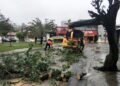 limpeza e liberação de vias em Sorocaba. #PraCegoVer trabalhadores da prefeitura limpando vias após chuva
