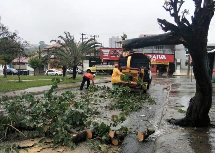 limpeza e liberação de vias em Sorocaba. #PraCegoVer trabalhadores da prefeitura limpando vias após chuva