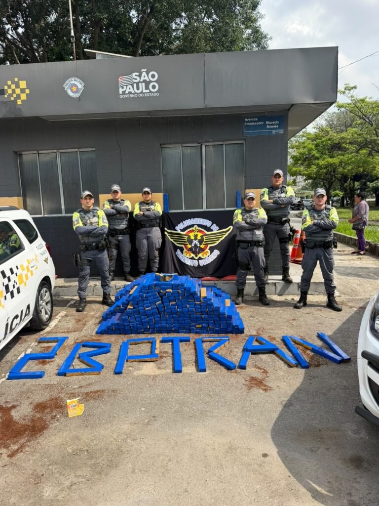 BPTran e FICCO prendem traficantes com 726 kg de maconha #PraCegoVer grande quantidade de tabletes de maconha apreendida durante operação policial conjunta em São Paulo