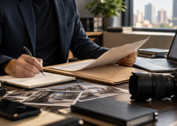 Ilustração de detetive particular analisando documentos, com notebook e câmera sobre a mesa.