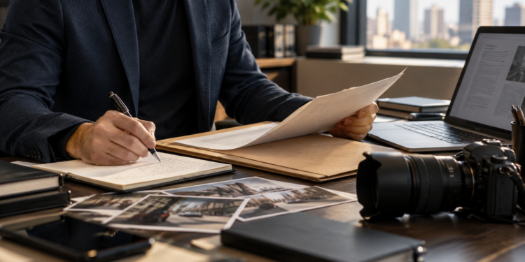 Ilustração de detetive particular analisando documentos, com notebook e câmera sobre a mesa.
